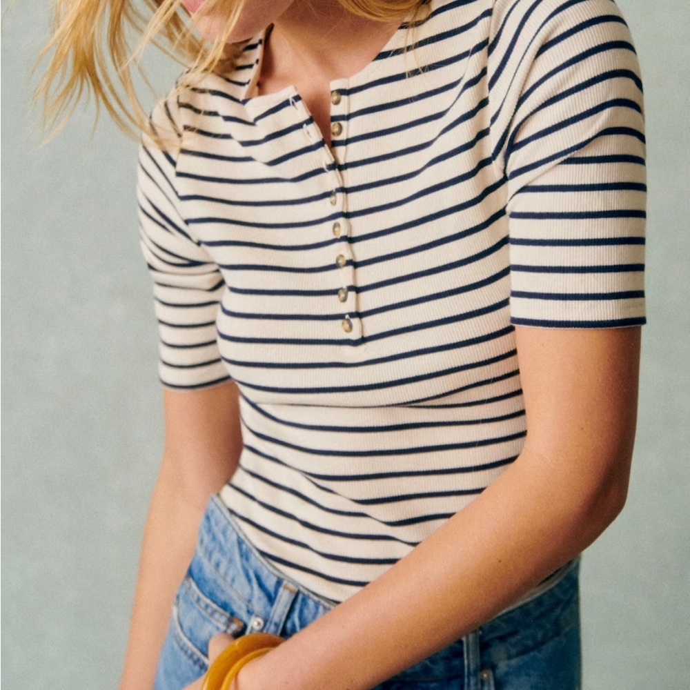 Sezane Navy and Cream Striped Short Sleeve Top Theodora